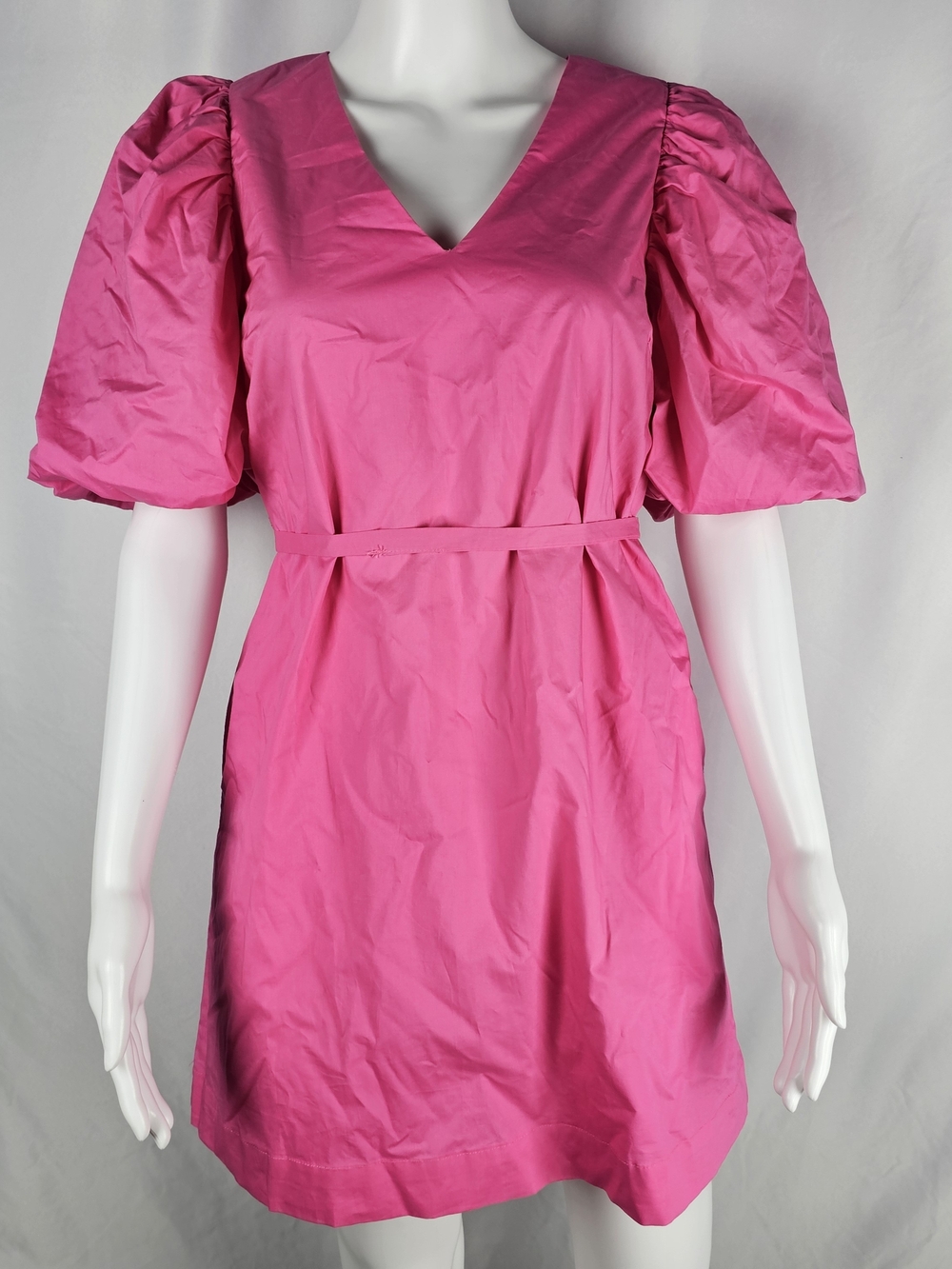 English Factory Hot Pink V-Neck Puff Sleeve Mini Dress with Waist Tie